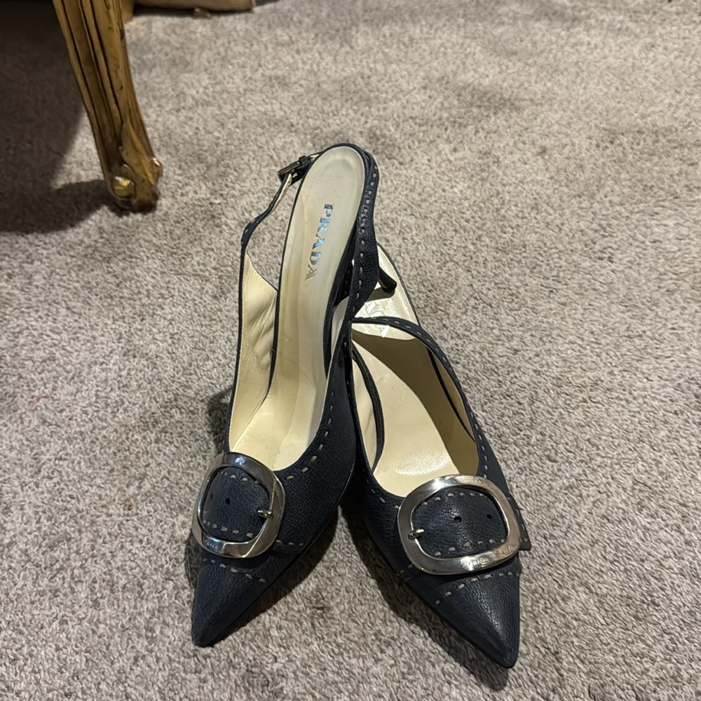 Prada Black Slingback Pointed Toe Heels with Silver Buckle - Picture 5 of 13